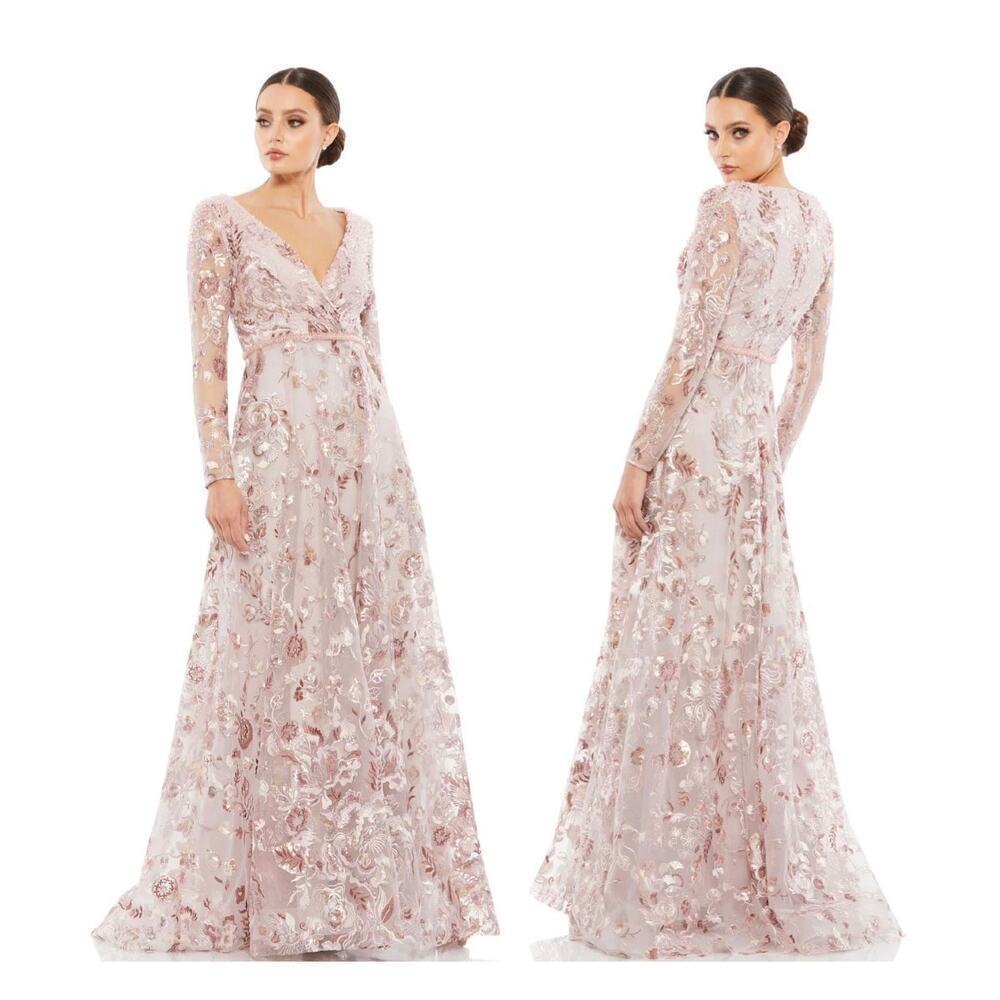 NWT Mac Duggal Rose Embroidered V Neck Illusion Long Sleeve Gown 67869 Size 16